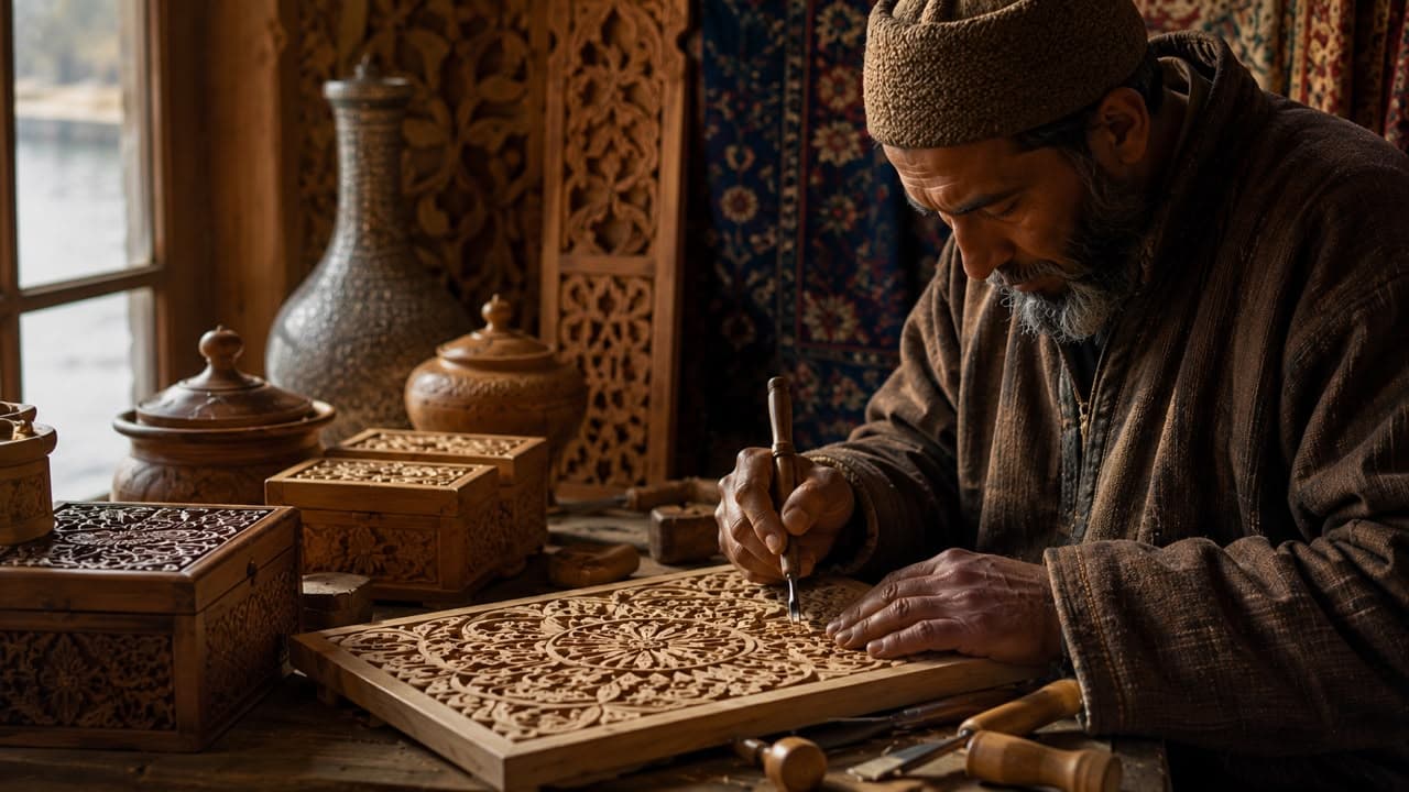 An artisan's hands at work on traditional Kashmiri craftsmanship