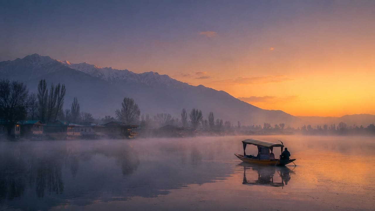 Morning mist rising over Dal Lake before sunrise