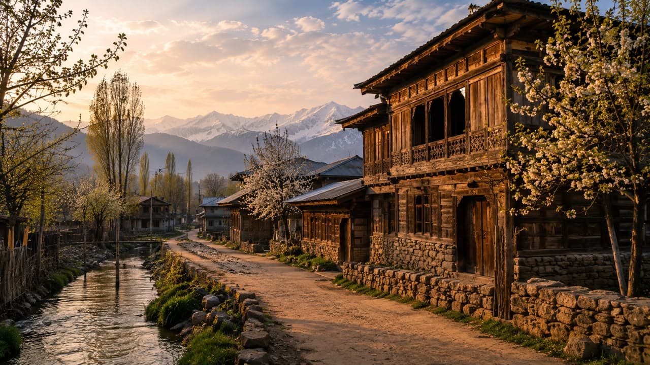 A quiet village pathway lined with wooden houses in rural Kashmir