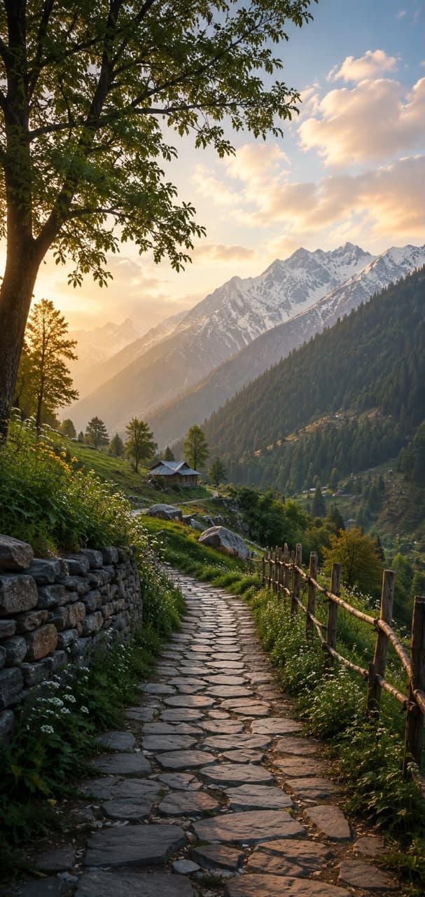 A quiet village pathway in the mountains of Kashmir at dawn