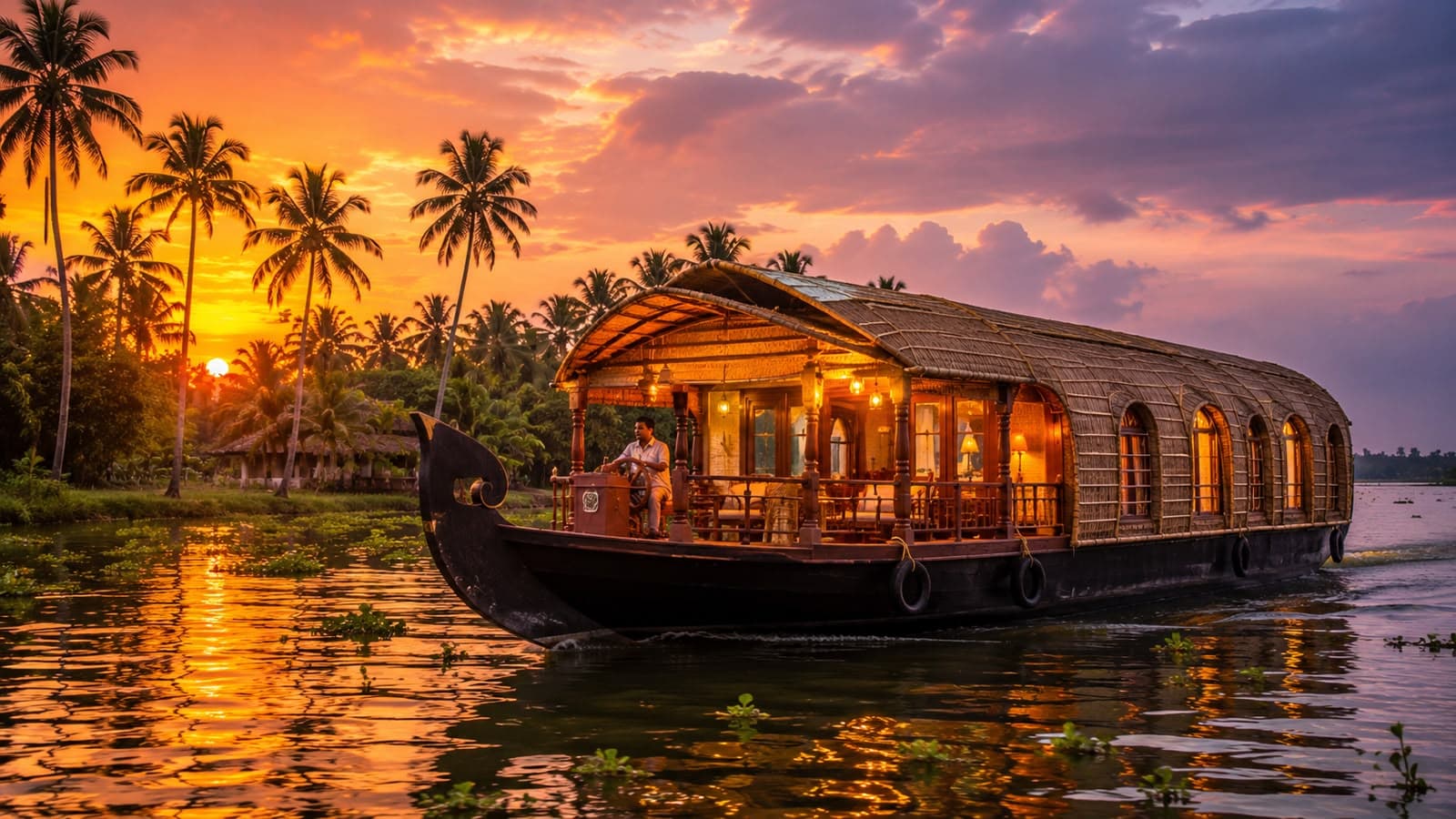 A quiet wooden houseboat drifting on the serene, palm-fringed backwaters of Kerala at dawn