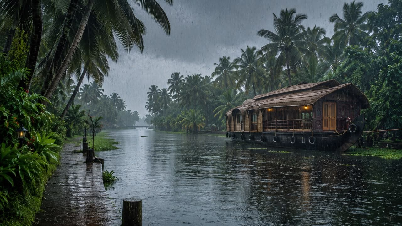 A traditional kettuvallam wooden houseboat drifting slowly along the serene Kerala backwaters