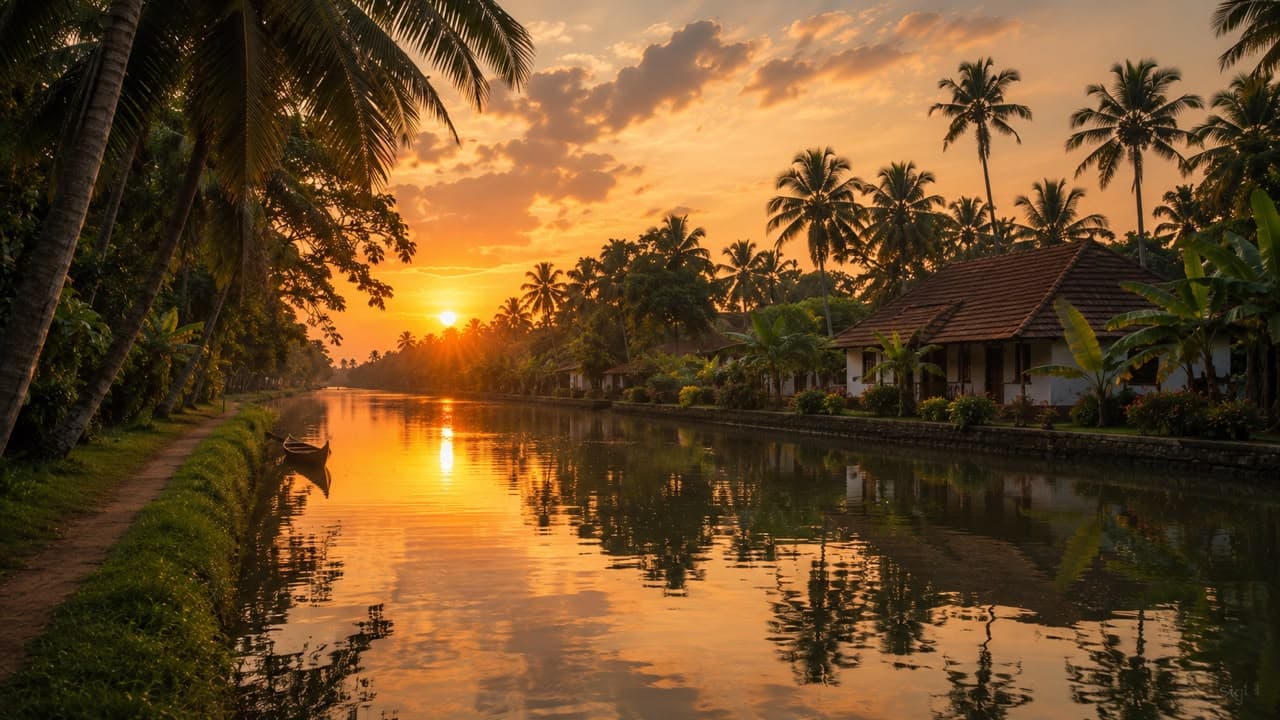 Soft golden sunset light reflecting on the calm waters of a rural canal in Kerala