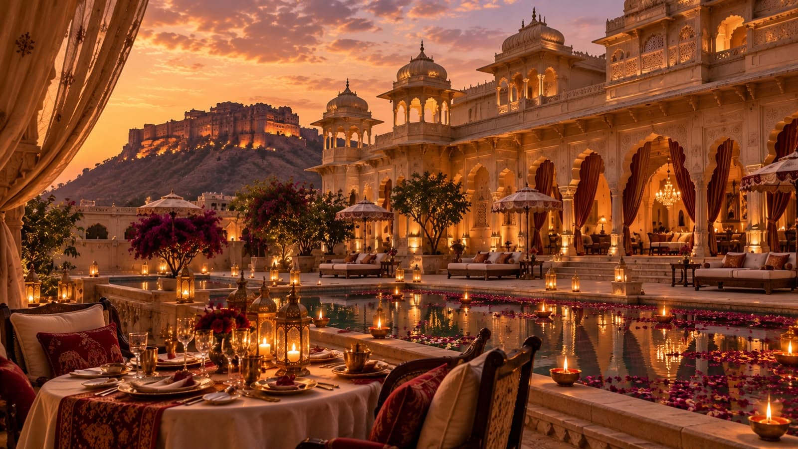 Grand heritage palace courtyard architecture in Rajasthan illuminated at twilight