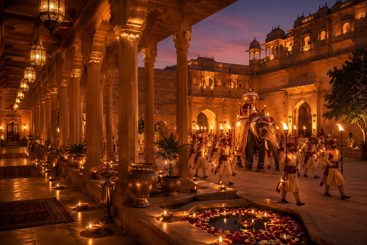 A dynamic, warm evening lamp-lighting processional in a structural sandstone courtyard
