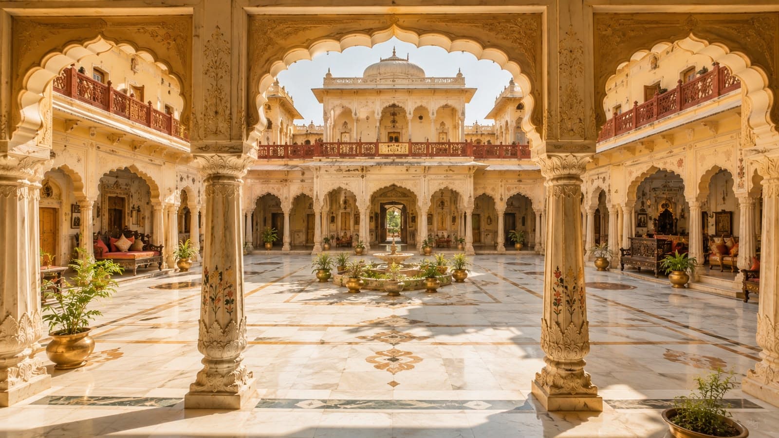 A sunlit marble courtyard with symmetrical pillars inside a lived-in Rajasthan palace