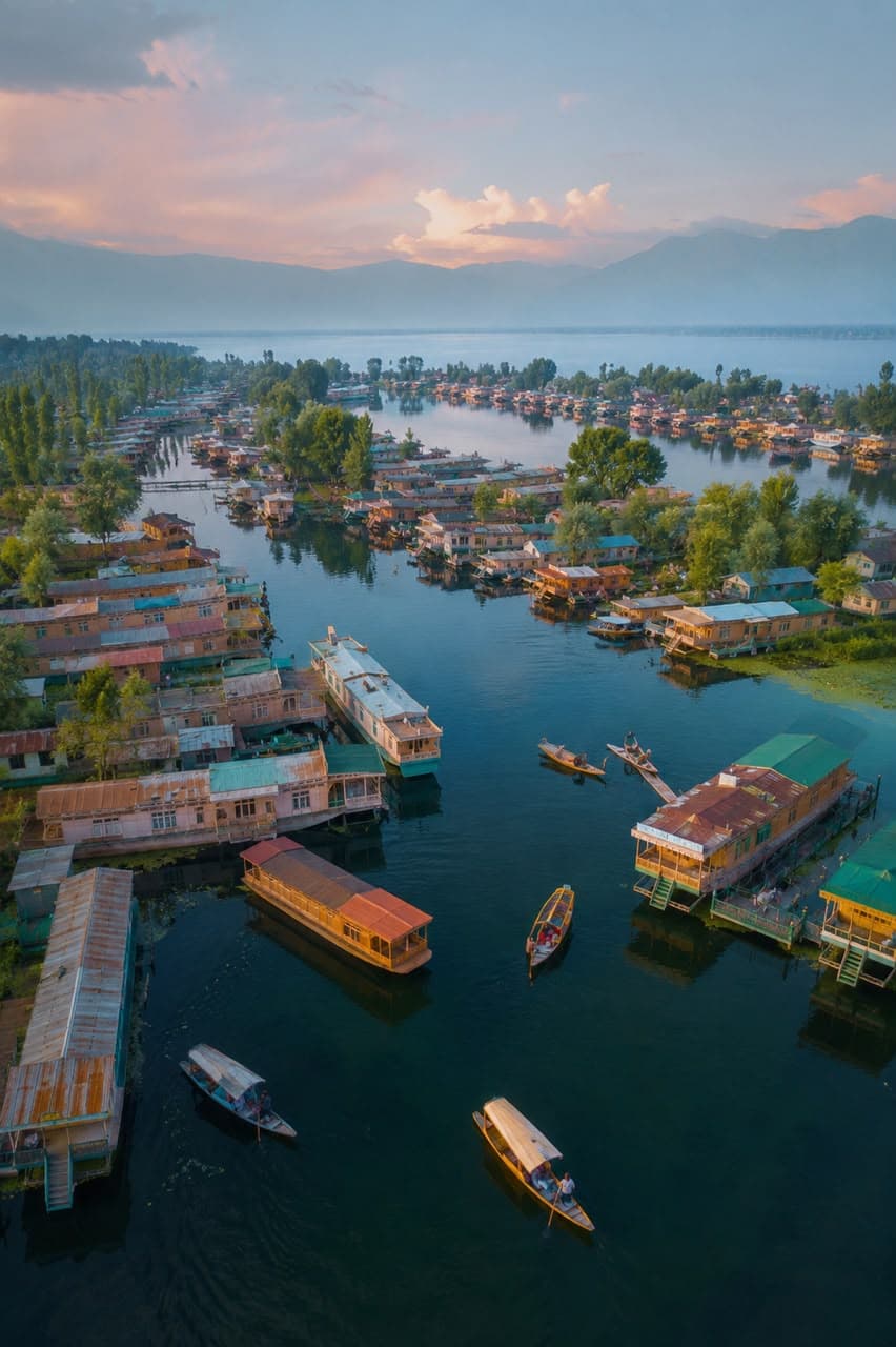 Morning mist over a still lake in Kashmir