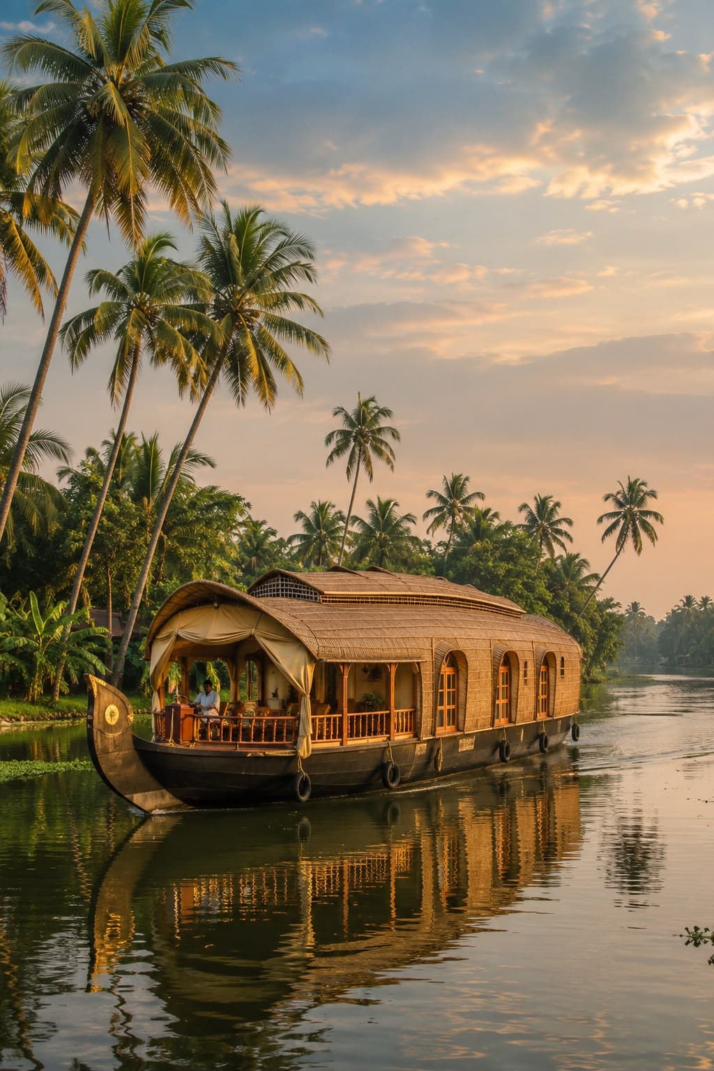 A traditional houseboat drifting along Kerala's backwaters