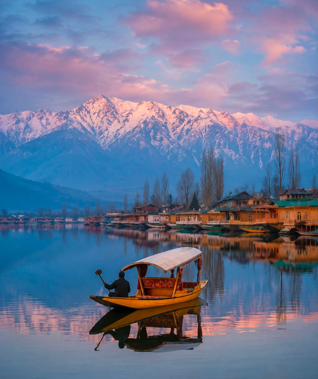 Traditional shikara gliding across Dal Lake at sunrise