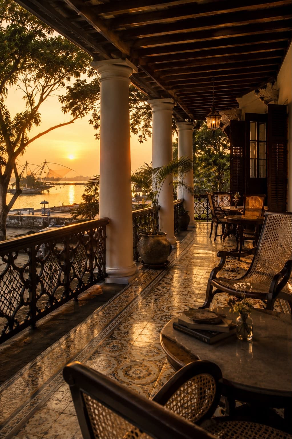 A heritage hotel veranda in Fort Kochi at golden hour