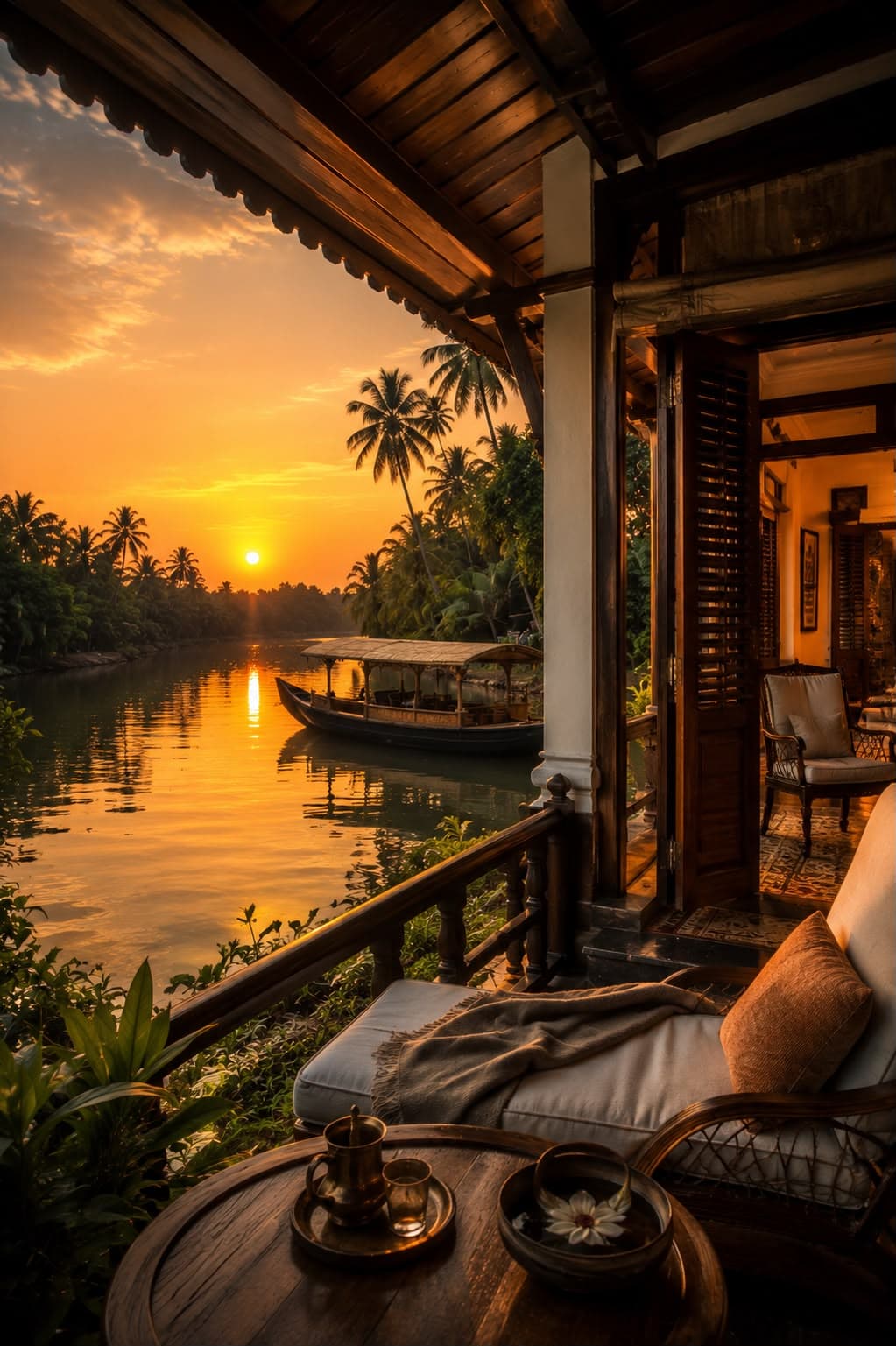 A private luxury houseboat drifting through Kerala's backwaters at sunset