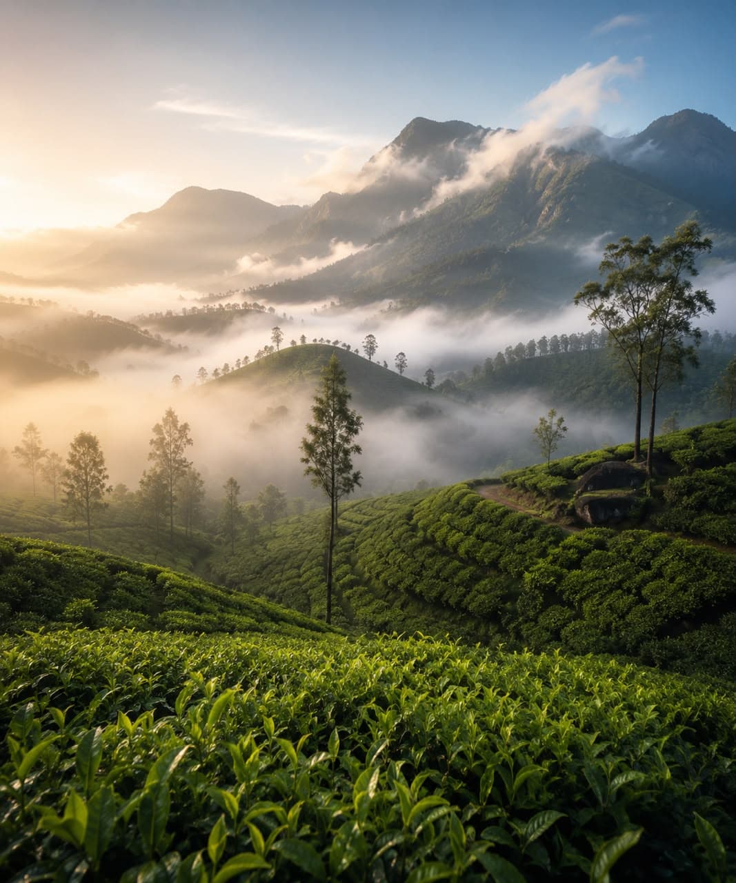 Mist settling over tea plantations in the hills of Munnar