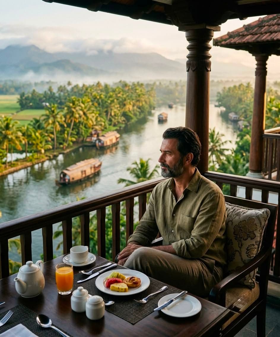 A quiet breakfast terrace overlooking nature in Kerala