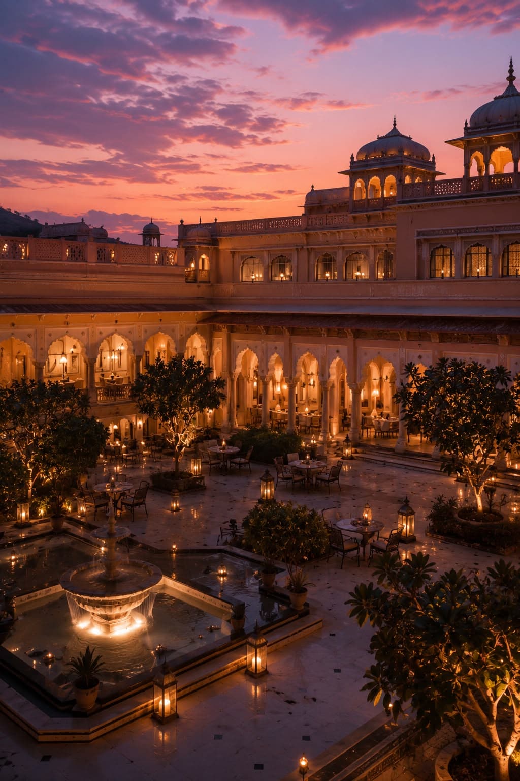 A palace hotel courtyard in Jaipur at dusk
