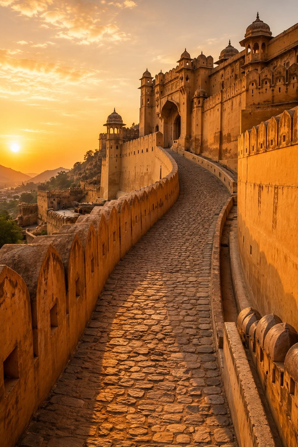 The sandstone ramparts of Amber Fort in golden light