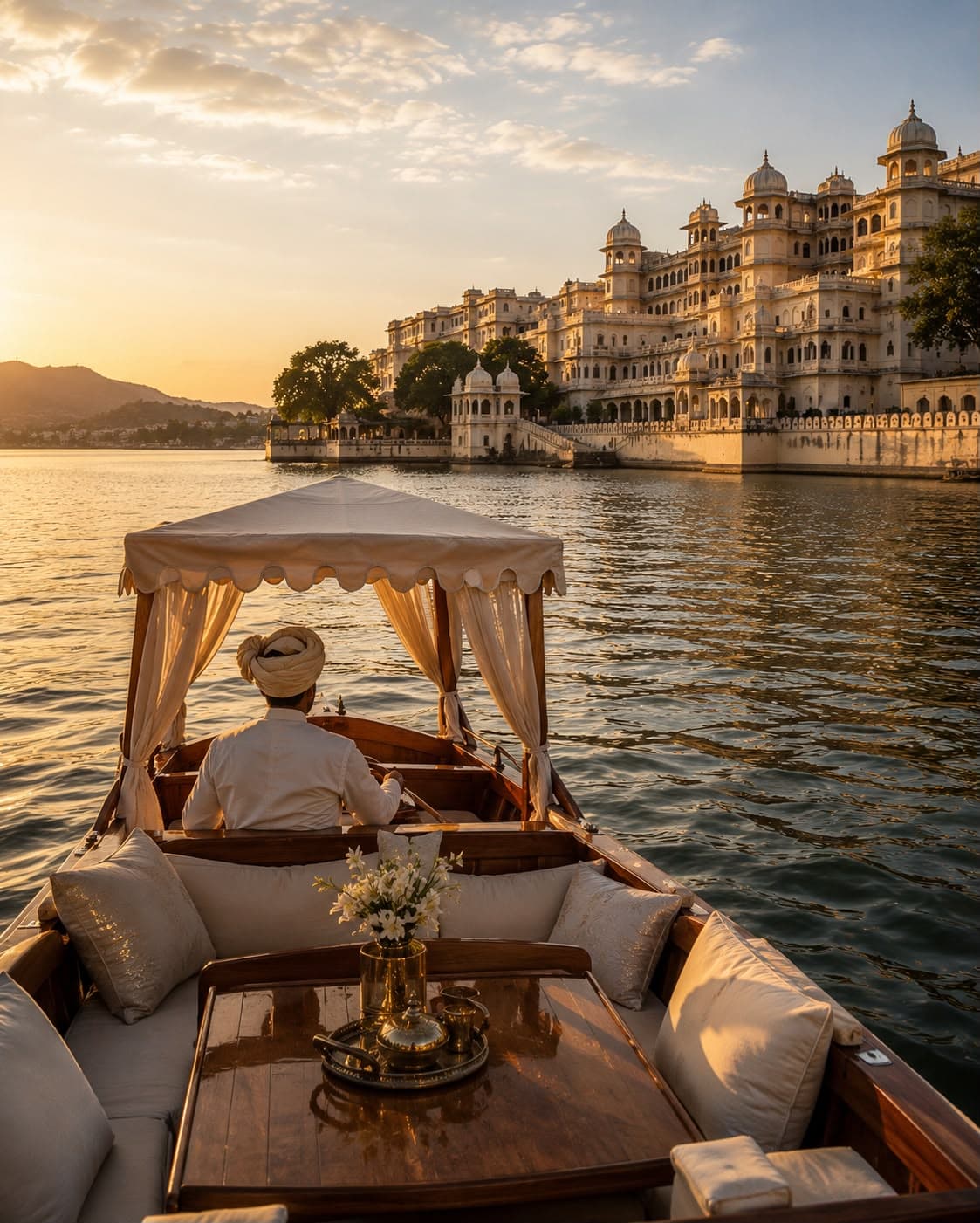 A private boat crossing Lake Pichola toward the palaces of Udaipur