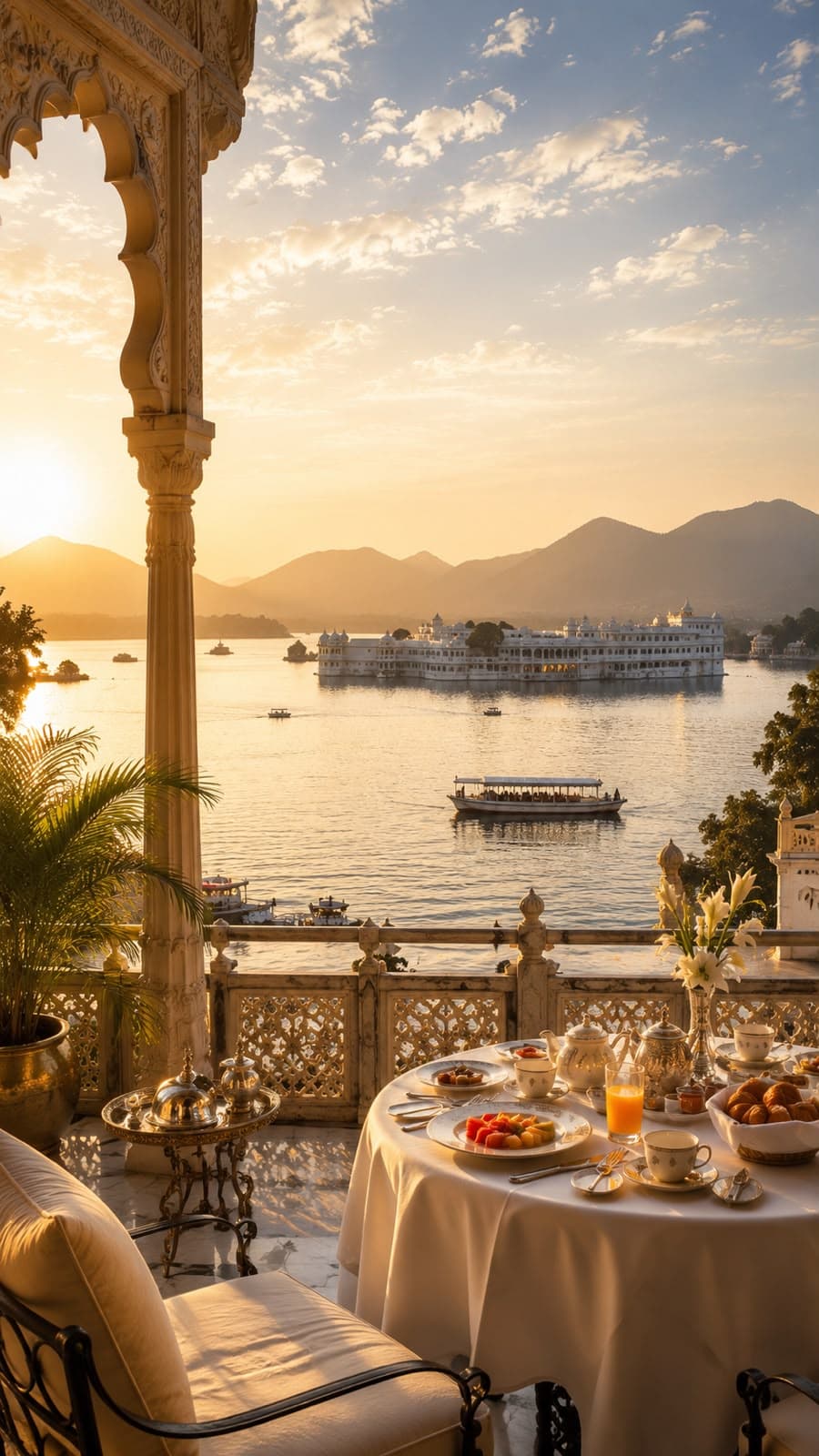 Morning light over Lake Pichola from a palace breakfast terrace