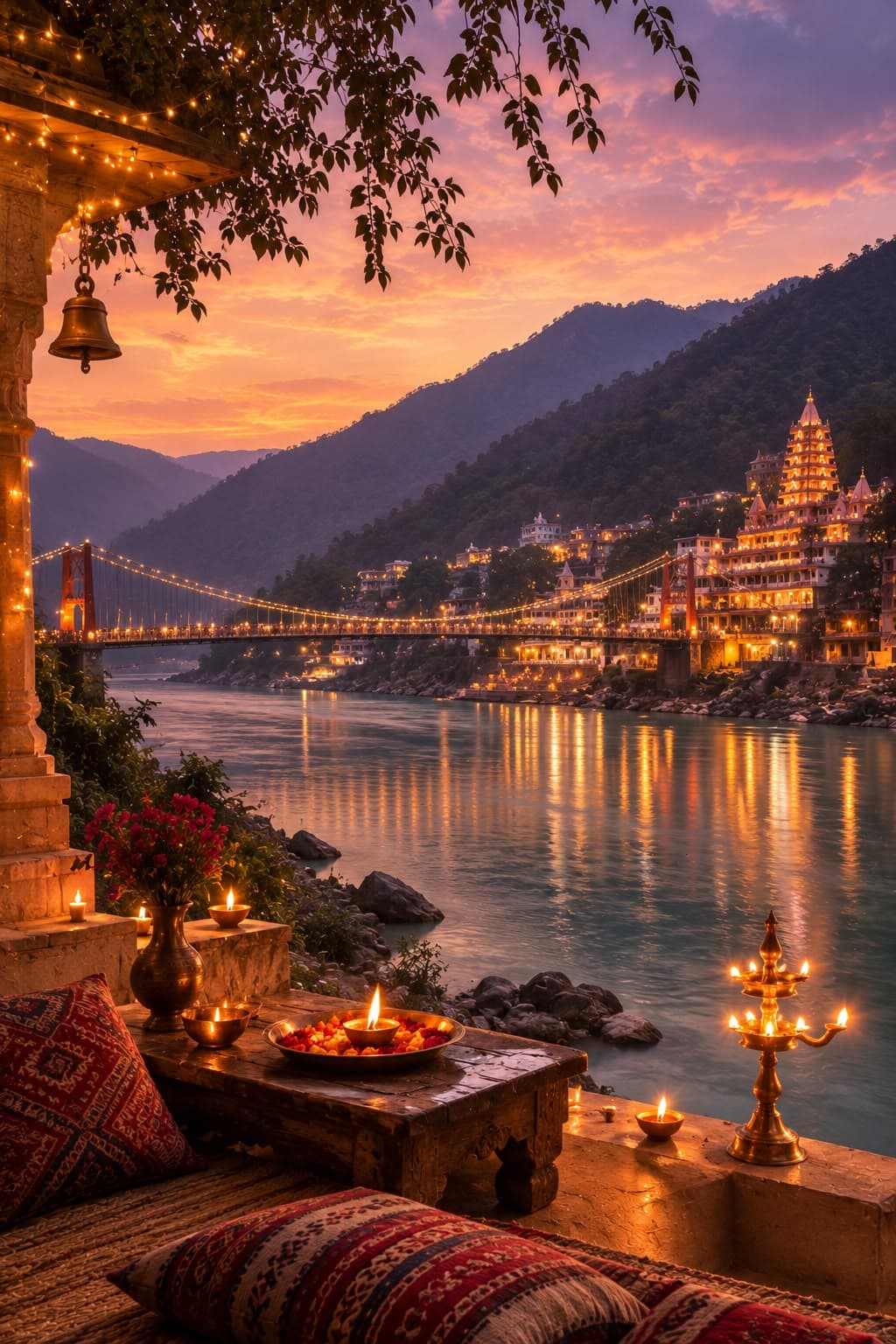 Peaceful twilight setting over the river valley in Rishikesh with soft flickering lights