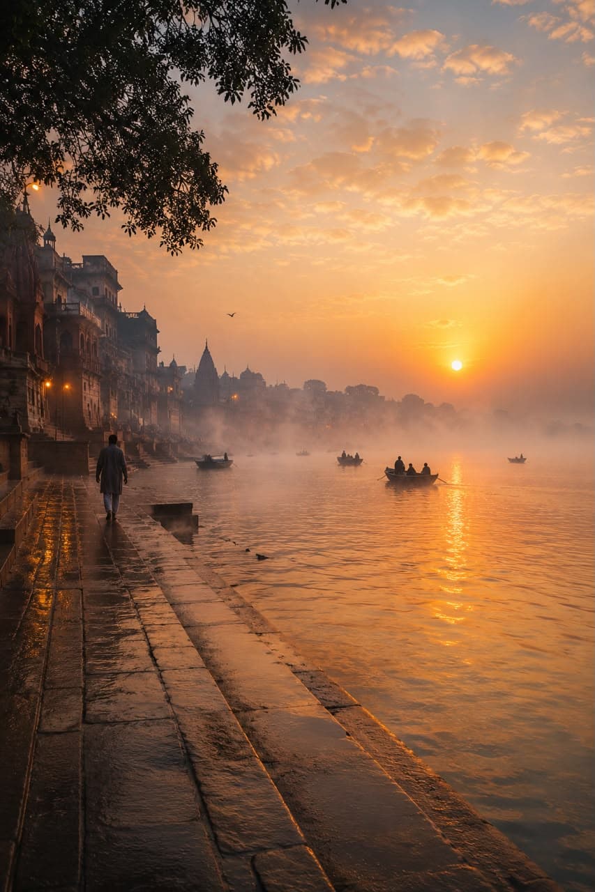 Serene mist rising off the holy Ganges river during a quiet morning walk