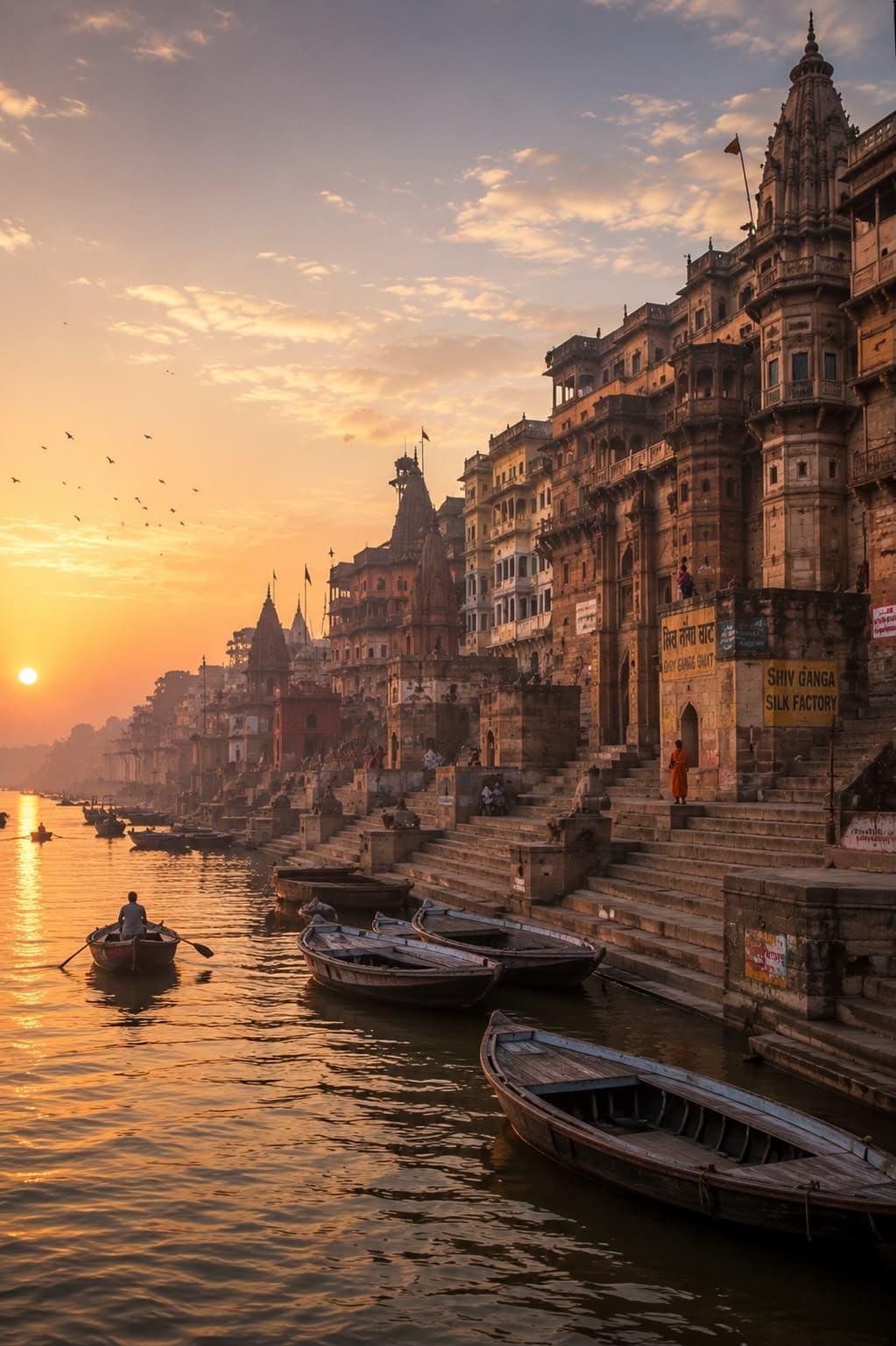 Historic riverfront stone steps and ancient architecture of Varanasi at dawn