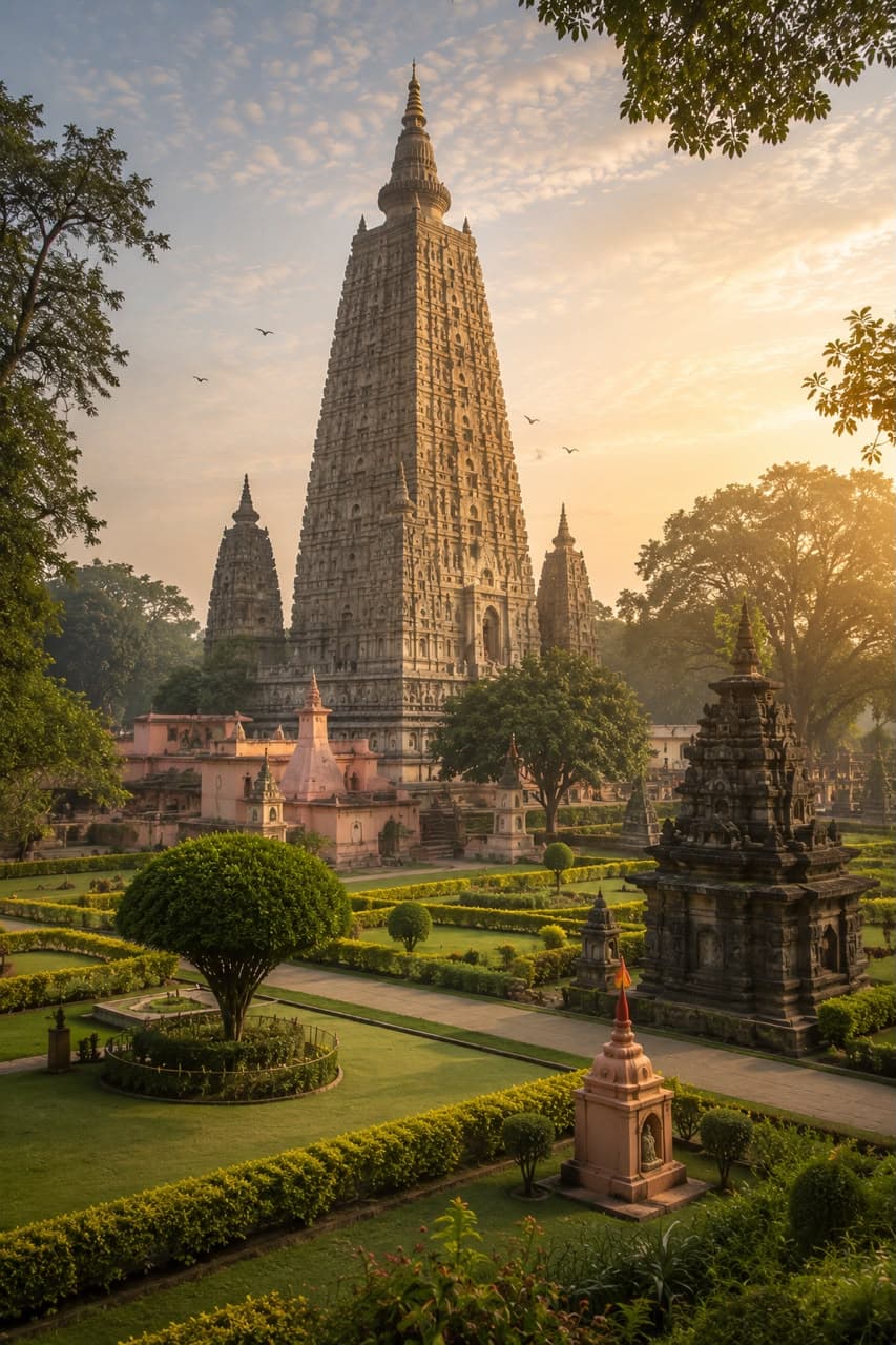 The grand spire of Mahabodhi Temple rising behind manicured monastic gardens