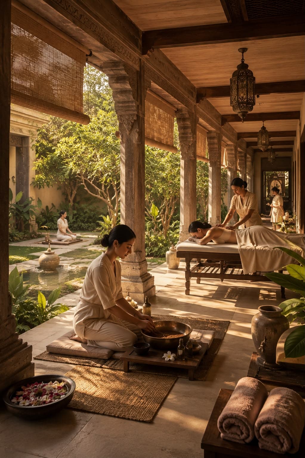 Calm wellness environment structured with local architectural finishes and accents