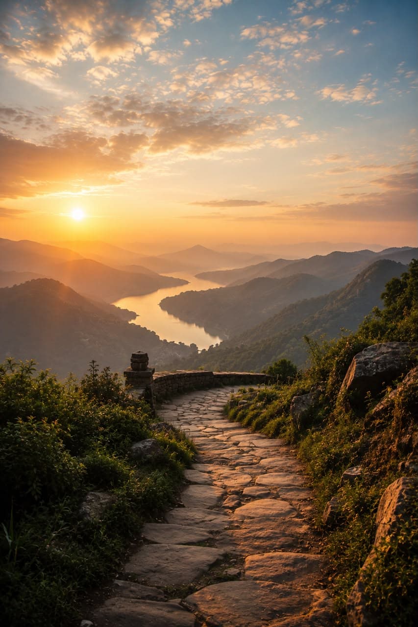 Scenic overlook path indicating a contemplative transition onward to new landscapes